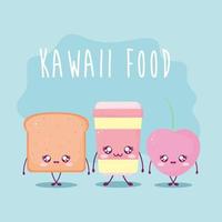 lettrage de nourriture kawaii et ensemble de nourriture kawaii sur fond bleu vecteur
