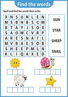 mot puzzle Jeu mot chercher feuille de travail éducation Jeu pour les enfants apprentissage Anglais alphabet vecteur