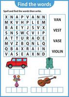 mot puzzle Jeu mot chercher feuille de travail éducation Jeu pour les enfants apprentissage Anglais alphabet vecteur