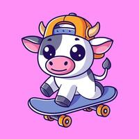 mignonne vache en jouant planche à roulette et portant une Jaune chapeau vecteur
