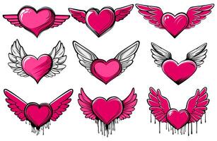 ensemble cœurs ange icône. griffonnage rose l'amour avec aile autocollant conception vecteur illustration