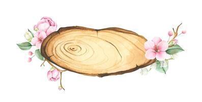 en bois tranche avec floral décoration. aquarelle illustration. vecteur