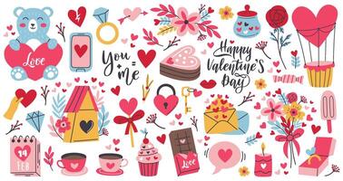 dessin animé romantique l'amour valentines journée éléments et autocollants. cœur forme, bonbons, gâteau et fleurs vecteur symboles ensemble. valentines journée romantique objets