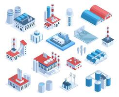 isométrique 3d usine, usine, moulin bâtiments, industriel tuyaux et entrepôt. production plante bâtiments, industriel installations vecteur illustration ensemble. usine les structures