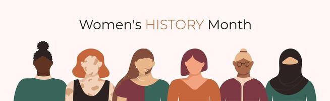 aux femmes histoire mois bannière avec la diversité les filles dans sans visage style. différent peau couleur, course, identifier et âge. vecteur