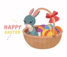 Pâques lapin dans panier avec des œufs vecteur dessin animé carte illustration