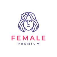 magnifique femme court cheveux fleur féminin sourire dessin animé plat mascotte personnage coloré Facile ligne style minimaliste logo conception vecteur icône illustration