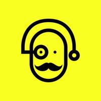 vieux homme moustache mignonne cercle ligne style audition la musique casque mascotte dessin animé logo conception vecteur icône illustration