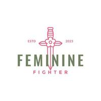 épée fleur féminin combattant ligne style minimal logo conception vecteur icône illustration