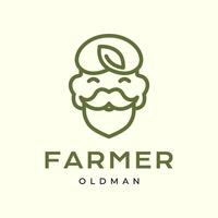 vieux homme visage portrait agriculteur barbu moustache sourire mascotte dessin animé personnage ligne style Facile logo conception vecteur icône illustration