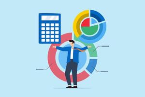 homme d'affaire avec calculatrice et tarte graphique. concept de Coût structure analyse, frais et le revenu équilibre calcul, revenu évaluation, dette et investissement analyse, budgétisation, et économie vecteur