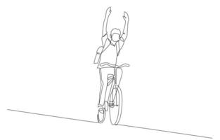 continu un ligne dessin de étudiant équitation vélo avec non mains, Célibataire ligne art. vecteur