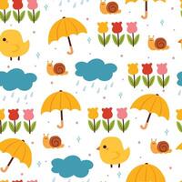 main de modèle sans couture dessinant la pluie de dessin animé, le parapluie, la fleur et l'animal. pour l'impression sur tissu, textile vecteur
