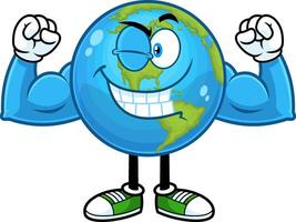 souriant Terre globe dessin animé personnage un clin d'oeil et montrant muscle bras. vecteur main tiré illustration