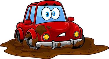 marrant rouge voiture dessin animé personnage coincé boue sale flaque. vecteur main tiré illustration isolé sur transparent Contexte