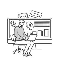 une homme séance dans une chaise travaux en utilisant une ordinateur portable, travail à produire haute revenu, avec graphiques sur une gros conseil, Capitale marché graphiques, griffonnage dessin animé illustration vecteur