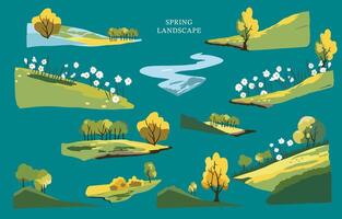 printemps paysage élément ensemble avec Montagne et arbre modifiable vecteur illustration pour graphique conception