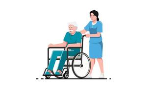 Sénior patient sur fauteuil roulant avec infirmière sur isolé arrière-plan, vecteur illustration.