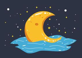 dessin animé illustration de une croissant lune flottant au dessus le mer, entouré par scintillement étoiles. vecteur ouvrages d'art serein beauté éclairé par la lune nuit, avec le calme mer au dessous de reflétant le céleste scène au dessus