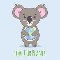 Terre journée carte, affiche, bannière avec mignonne koala ours en portant planète vecteur