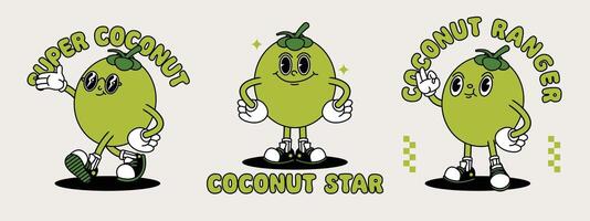 Jeune noix de coco rétro mascotte avec main et pied. fruit rétro dessin animé autocollants avec marrant bande dessinée personnages et ganté mains. vecteur