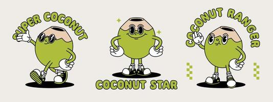 Jeune noix de coco rétro mascotte avec main et pied. fruit rétro dessin animé autocollants avec marrant bande dessinée personnages et ganté mains. vecteur
