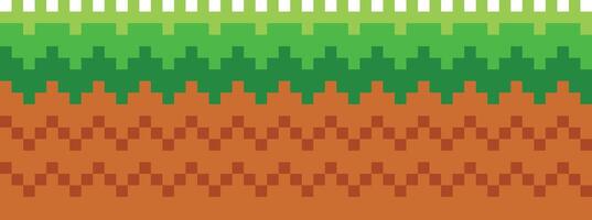 pixel art Jeu scène avec sol, herbe, des arbres, ciel, des nuages, personnage, pièces de monnaie, Trésor coffres et 8 bits cœur vecteur
