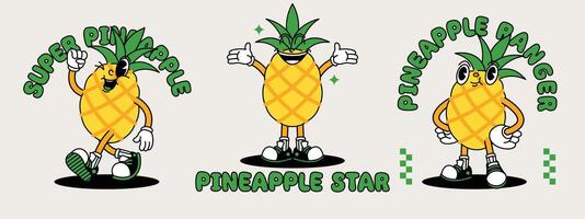 ananas rétro mascotte avec main et pied. fruit rétro dessin animé autocollants avec marrant bande dessinée personnages et ganté mains. vecteur