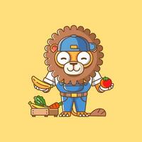 mignonne Lion Les agriculteurs récolte fruit et des légumes dessin animé animal personnage mascotte icône plat style illustration concept vecteur