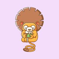 mignonne Lion se détendre avec une tasse de café dessin animé animal personnage mascotte icône plat style illustration concept vecteur