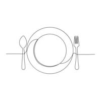 continu une ligne dessiné à la main cuillère, fourchette, steak couteau, et ustensile assiette vecteur art contour décoratif illustration.