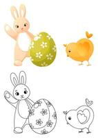 coloration livre, Pâques lapin agitant pour un Pâques Oeuf et une mignonne poulet. enfants coloration livre avec une Couleur exemple. coloration livre, entraine toi feuille pour les enfants dans école ou Jardin d'enfants. vecteur