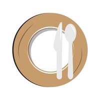 plat, vide assiette avec couteau et fourchette isolé sur une blanc Contexte. assiette cercle icône avec longue ombre. plat conception style vecteur