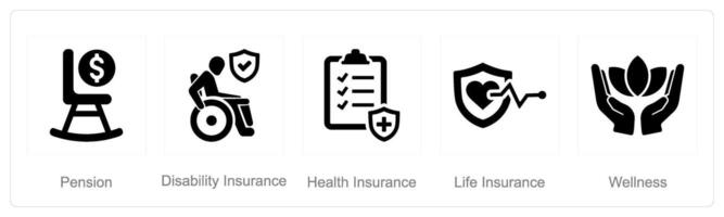une ensemble de 5 employé avantages Icônes comme Pension, invalidité assurance, santé Assurance vecteur