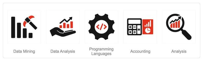 une ensemble de 5 difficile compétences Icônes comme Les données exploitation minière, Les données analyse, programmation langues vecteur