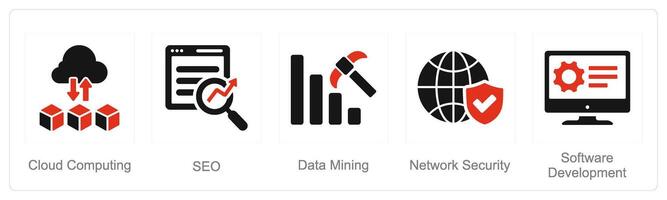 une ensemble de 5 difficile compétences Icônes comme nuage l'informatique, référencement, Les données exploitation minière vecteur