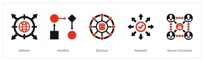 une ensemble de 5 Les données une analyse Icônes comme réseau, flux de travail, structure vecteur