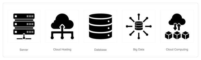 une ensemble de 5 Les données une analyse Icônes comme serveur, nuage hébergement, base de données vecteur