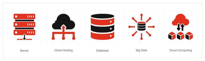 une ensemble de 5 Les données une analyse Icônes comme serveur, nuage hébergement, base de données vecteur