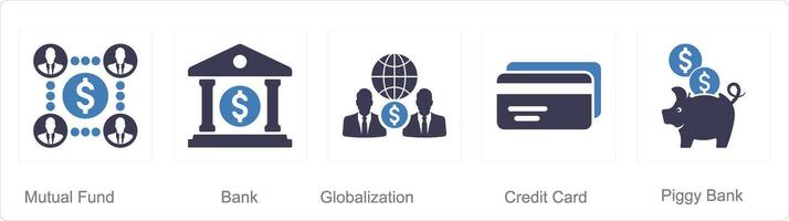 une ensemble de 5 la finance Icônes comme mutuel fonds, banque, mondialisation vecteur