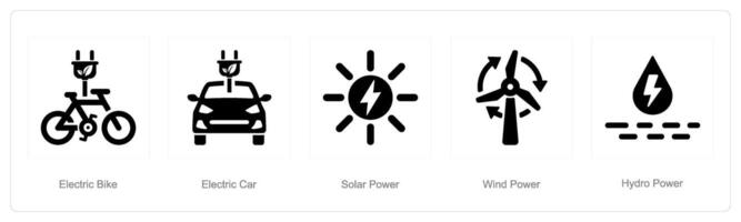 une ensemble de 5 écologie Icônes comme électrique vélo, électrique voiture, solaire Puissance vecteur