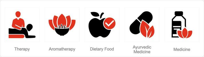 une ensemble de 5 mélanger Icônes comme thérapie, aromathérapie, diététique nourriture vecteur