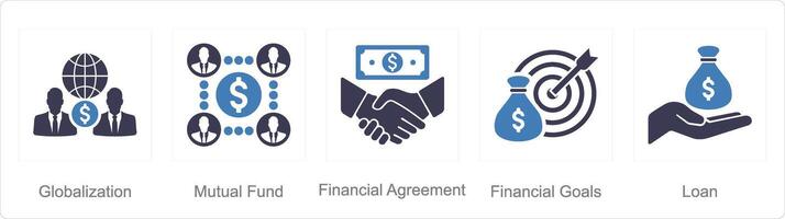 une ensemble de 5 la finance Icônes comme mondialisation, mutuel fonds, financier accord vecteur