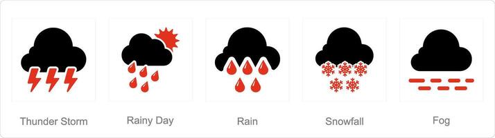 une ensemble de 5 mélanger Icônes comme orage, pluvieux jour, pluie vecteur