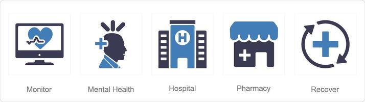 une ensemble de 5 santé vérification Icônes comme moniteur, mental santé, hôpital vecteur
