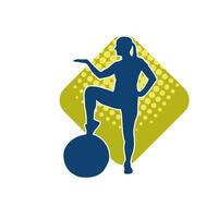 silhouette de une svelte sportif femme Faire pilates exercice en utilisant Gym balle. silhouette de une sportif femelle Faire physique exercice en utilisant aptitude balle. vecteur