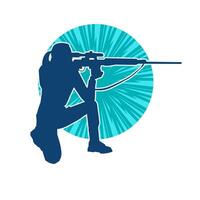 silhouette de une femelle tireur cuisson avec tireur d'élite longue baril fusil pistolet arme vecteur