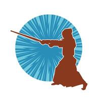 silhouette de une épée guerrier dans action pose. silhouette de une martial art la personne porter épée arme. silhouette de kendo martial art pose. vecteur