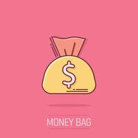 argent sac icône dans bande dessinée style. Sac d'argent avec dollar dessin animé vecteur illustration sur isolé Contexte. en espèces sac éclaboussure effet affaires concept.