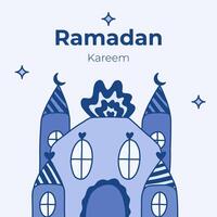 affiche pour Ramadan kareem dans puéril naïve style. islamique salutation carte avec mosquée, lune croissant, étoiles dans le ciel. modèle pour bannière, site Internet conception, médias pour Ramadan mois événements vecteur